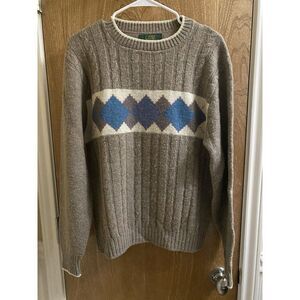 Vintage Country Squire By Jantzen Light Brown Wool Sweater Blue Argyle Print M